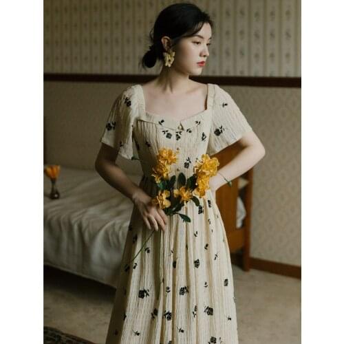 2020 new fashion womens clothing Square Collar Print Vintage dress women dress