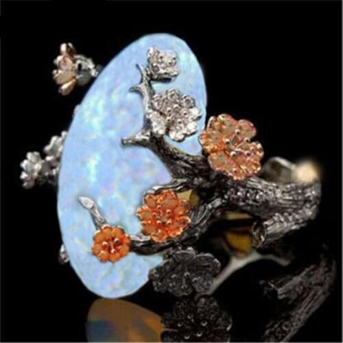 Vintage Elegant Black Color Ethnic Ring White Fire Opal Flower Zircon Rings For Women Wedding Engagement Statement Accessories
