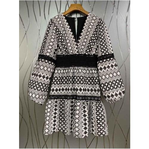 Latest Fashion Autumn Dress 2021 High Quality Women V-Neck Geometric Patterns Long Sleeve Casual Vintage Party Tunic Dress