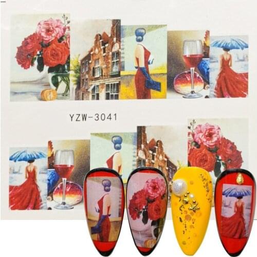 2021 New Designs Full Wrap Nail Sticker Slider Floral Red Wine Girl Urban Lady Fashion Show Retro Style Water Transfer Decal