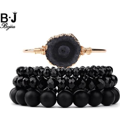 BOJIU Natural Druzy Stone Gold Cuff Bracelet For Women Black Crystal Round Beads Bracelets Set Female Christmas Gift BCSET185