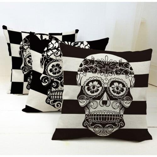 Black White Stripes Skull Cushion Cover Head Flowers Cross Pillow Cover European Heavy Metal Car Sofa Home Decorative Pillows