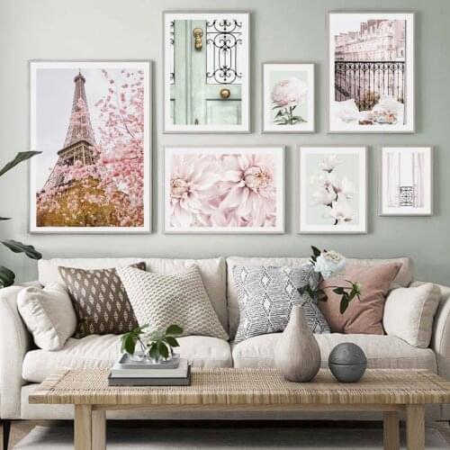 Canvas Painting Paris Tower Balcony Peony Dahlias Magnolias Flower Nordic Posters Print Wall Art Pictures For Living Room Decor