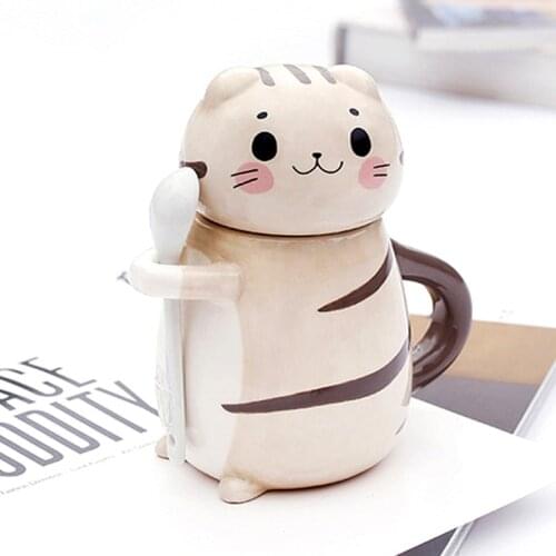 Creative Cute Mug Personality Cartoon Cat Ceramic Couple Mug Gift Coffee Cup Mug With Lid Spoon