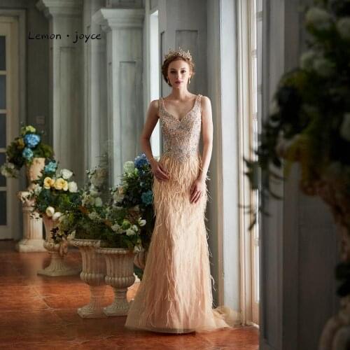 Lemon joyce Formal Evening Dresses 2020 V-neck Sleeveless Beading Feathers Mermaid Prom Dress party Gown Plus Size