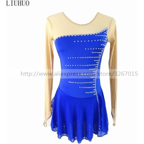 Figure Skating Dress Customized Competition Ice Skating Skirt for Girl Women Blue line pattern rhinestones High elastic fabric