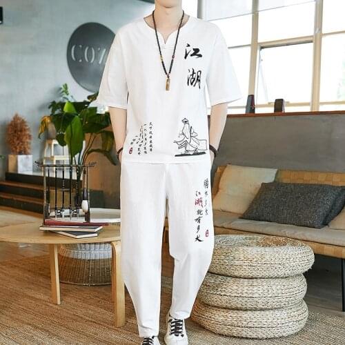 Summer Traditional Chinese Style Linen Hanfu Men Casual Ethnic Pants Short Sleeve T-Shirt Men Tang Suit Kungfu Clothes 30032