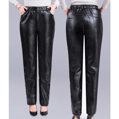2021 New Women Pants Fashion PU Leather Button Trousers Female High Waist Skinny Pants Ladies Faux Leather Casual Pants H634