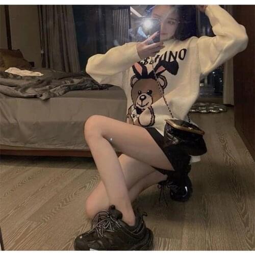 New Winter Thick Cartoon Bear Womens Sweater 2020 Loose Version of round-Neck Pullover Korean-Style-Fit Long-Sleeve Knit Top