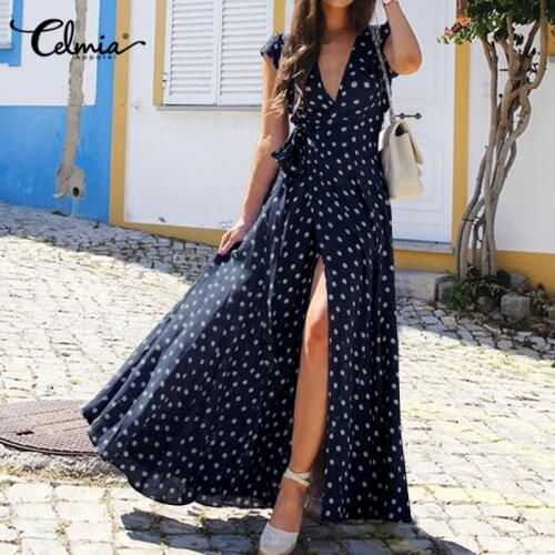 Bohemian Polka Dot Print Long Shirt Dress Women Celmia Summer Deep V-Neck High Split Dress Ladies Short Sleeve Beach Vestido