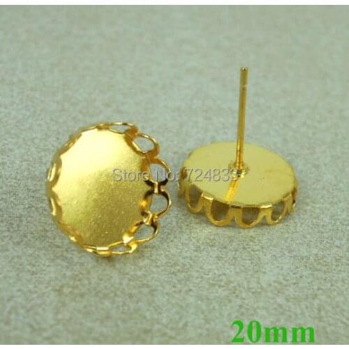 Blank Earrings Base 20mm Round Hollow Lace Bezel Tray Cabochon Brass Stud Earrings Post Settings Findings Golden tone Wholesale