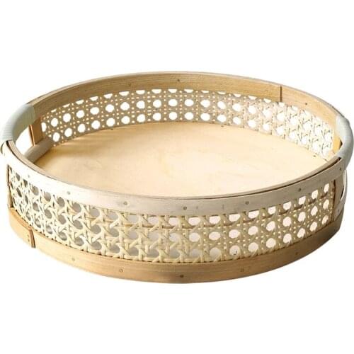 Rattan Serving Tray Round Dessert Plate Picnic Desserts Fruit Food Display Organizer Platter Home Table Kitchen Decor