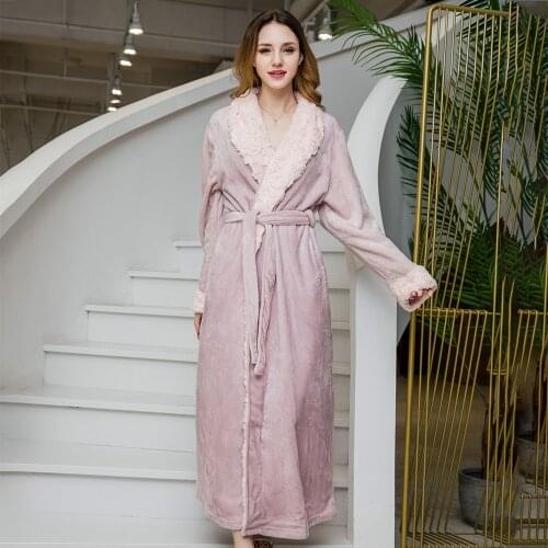 Pink Women Winter Long Robe Bathrobe Warm Flannel Sleepwear Kimono Gown Thick Ladies Nightwear Soft Intimate Lingerie Homewear