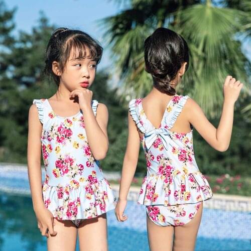 Girls Floral Printed One Piece Sun Protective Ruffled Peplum Swimsuit Frilled Shoulder Strap Back Bow Tie Bathing Suits