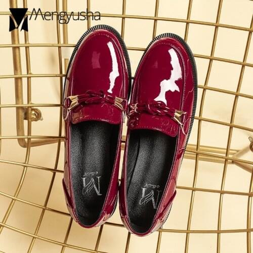 Knot wine red loafers japanned leather shoes women slip on moccasins creepers college student chunky heel flats large size 34-43