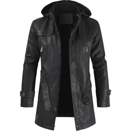 Vintage Mens Leather Jackets 2020 Winter New Casual Fashion Hooded Slim-Fitting Leather Jacket for Men Outwear Thick Long Coat