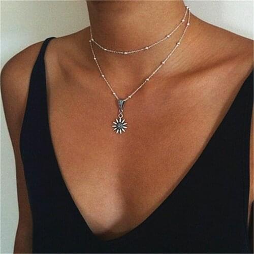 New Vintage Double Layered Sunflower Silver Color Chain Satellite Bead Choker Women Pendant Necklaces Simple Jewelry Gift