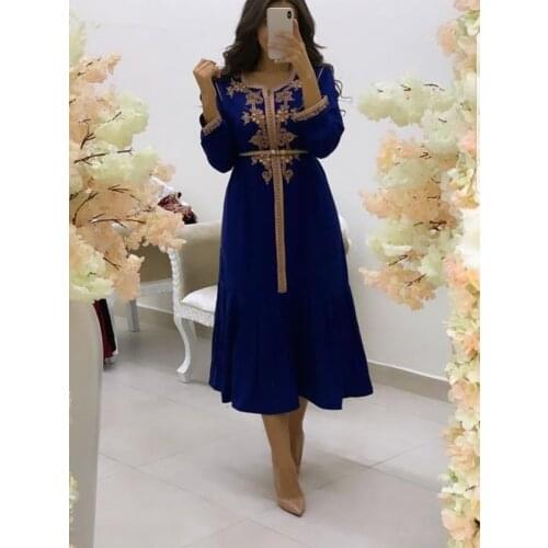 Royal Blue Moroccan Kaftan Caftan Muslim Evening Dresses A-line 3/4 Sleeves Appliques Dubai Arabic Turkey Abaya Islamic Gown