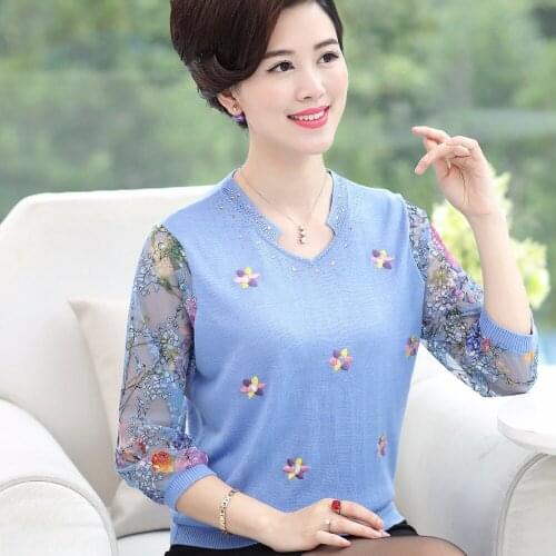 Womens floral blouse elegant lace sleeve shirt spring summer ladies embroidery knit blouse tops
