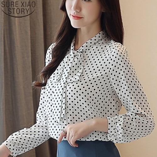 2021 Autumn New Korean Chiffon Shirts Polka Dot Casual Blouse Women Long Sleeve Tops Fashion Bow Tie Loose Blouses Blusas 10642