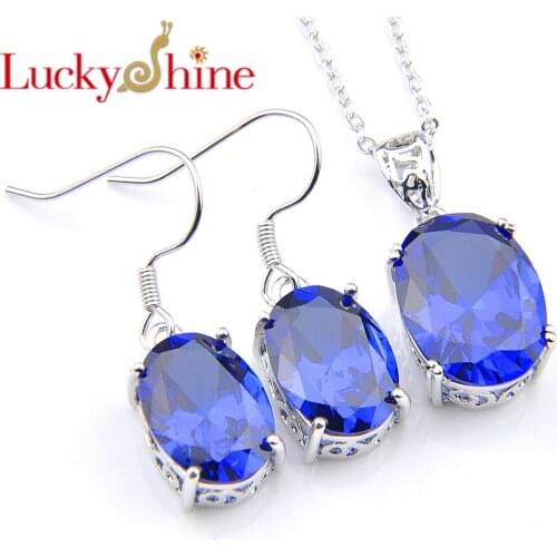 Luckyshine Woman Jewelry Sets Blue Oval Crystal Cubic Zirconia 925 Silver Pendants Necklaces Drop Earrings Bridal Jewelry Sets