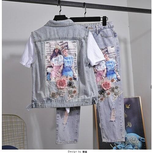 2piece Set Women European and American Style Denim Suit Three-dimensional Floral Beaded Slim Vest + Hole Jeans Pants Two-Piece