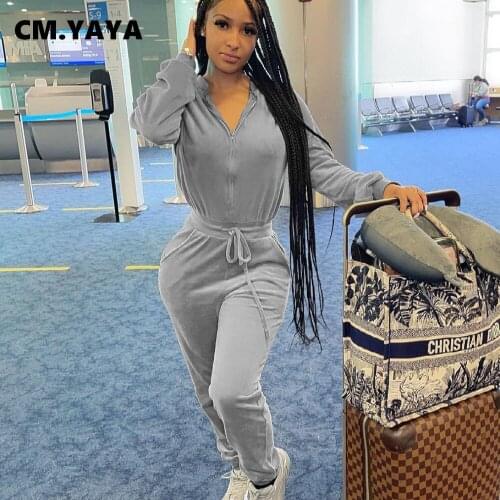CM.YAYA Women Jumpsuit Solid Velvet Draw String Rompers Soft Stretchy One Piece Overalls with Pockets Casual Outfits Autumn 2021