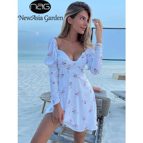 NewAsia Autumn Floral Dress Puff Sleeve Print V Neck Twist A Line Long Sleeve Mini White Dress Fashion Dresses for Women 2021