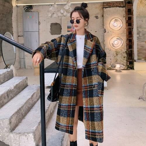 Women Jacket Winter Woolen Coat Female Long Style Retro Hit Color Plaid 2021 New Suit Collar Single-Breasted Loose Long Sleeve