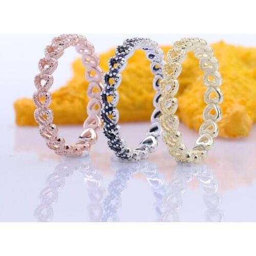 925 Sterling Silver Pan Ring Openwork Vintage Linked Love Heart Rings For Women Wedding Party Gift Jewelry