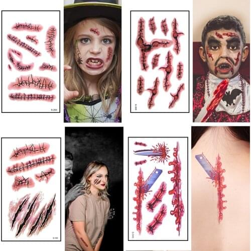 6Pcs Halloween Stitched Wound Scary Scars Tattoo Sticker Convenient Waterproof Temporary Tattoo Sticker