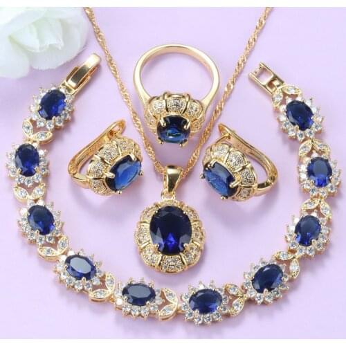 African Jewelry Set Blue Cubic Zirconia Necklace And Clip Earrings Bridal Costume Bracelet Ring Jewelry Sets For Women Wedding