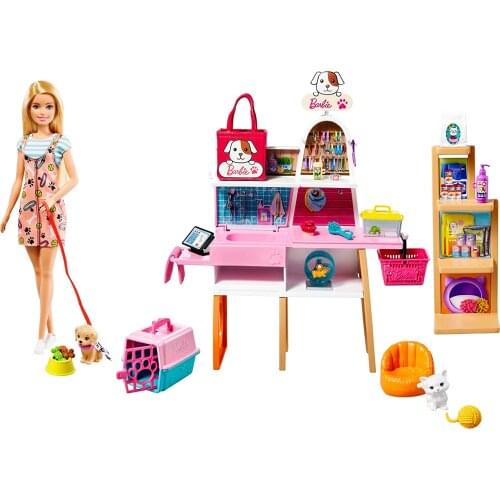 Barbie® Doll (11.5-in Blonde) and Pet Boutique Playset with 4 Pets, Color-Change Grooming Feature and Accessories