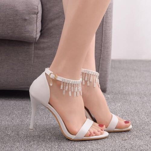 Summer Fashion High Heels Women Sandals Rhinestone Crystal Tassels Ladies Shoes Party Open-toed Stiletto