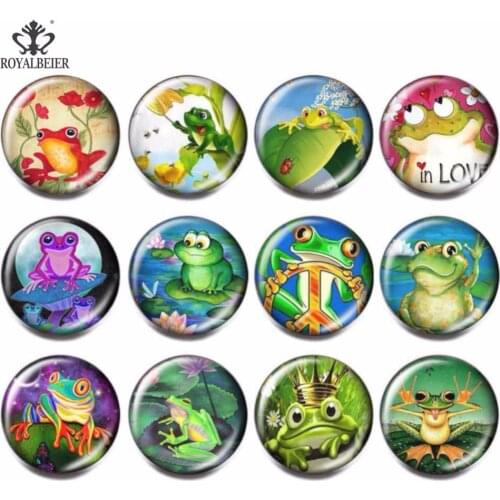 ROYALBEIER 12pcs/lot Mix Frog Patterns Glass Beads Fit 18mm Snap Button DIY Charm Bead For Kids Women Bracelets Jewelry Making