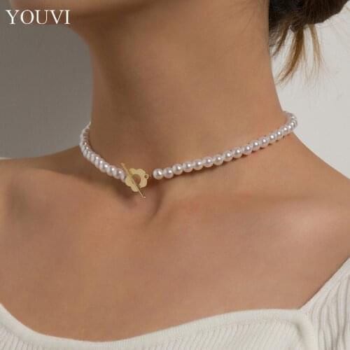 YOUVI Goth Pearl Beads Chains Necklace for Women 2021 Trend Fashion Toggle Clasp Circle Lariat Men Choker Necklace Jewelry