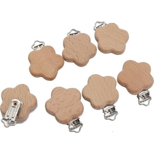 Chenkai 5PCS Wood Flower Pacifier Clip Nature Baby Rattle Teether Grasping Toy DIY Organic Eco-friendly Wood Teething Accessory