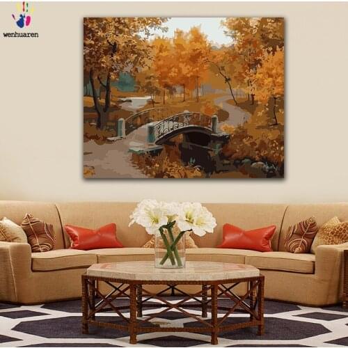 DIY colorings pictures by numbers with colors Small bridge in autumn maple fores picture drawing painting by numbers framed Home