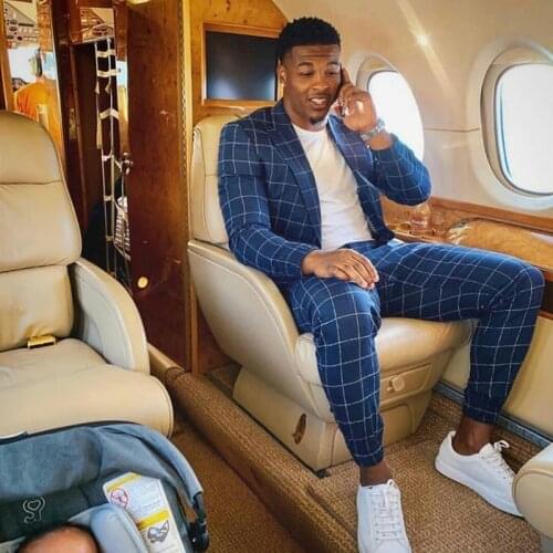 Tailored Winter Blue Check Plaid Mens Suits 2 Pieces Groom Best Man Pants Suit Business Wedding Blazer (Jacket+Pants)