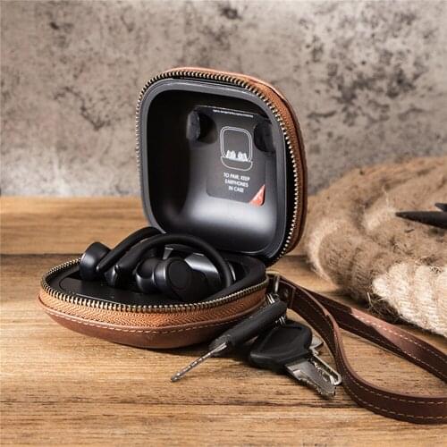 Leather Earphone Case for Powerbeats Pro Wireless Bluetooth Headphone Charging Box Cover with Hook & Hand Strap Protective Shell