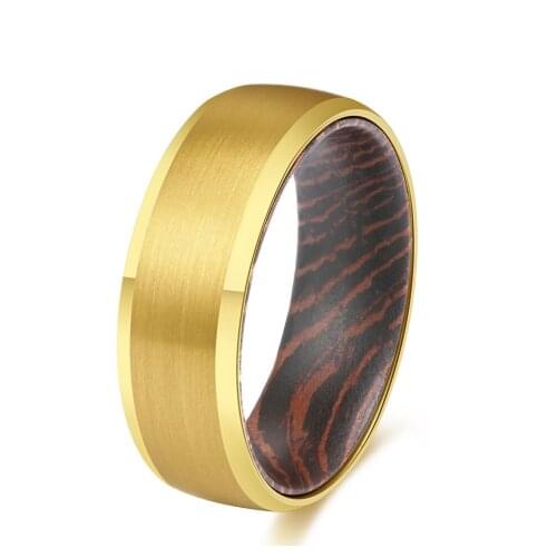 POYA Mens 8mm Gold Tungsten Carbide Ring Inner Hole Inlaid Wood Wedding Rings Beveled Comfort Fit