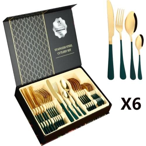 24Pcs New Green Gold Cutlery Set Mirror Dinnenrware Set Stainless Steel Flatware Dinner Knife Fork Spoon Teaspoon For Home