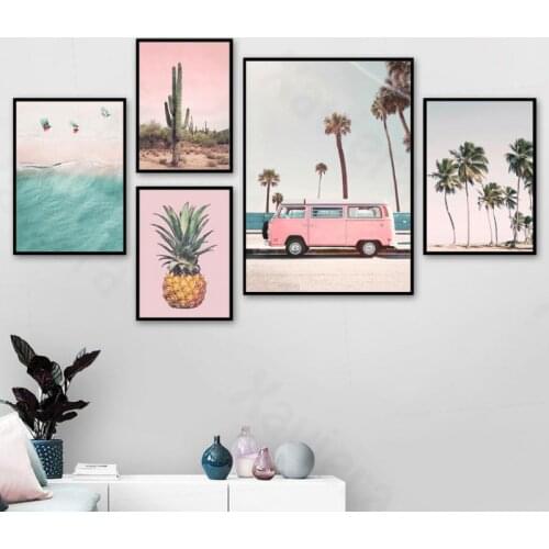 Pink Bus Cactus Pineapple Blue Sea Beach Wall Art Canvas Painting Nordic Posters And Prints Wall Pictures For Living Room Decor