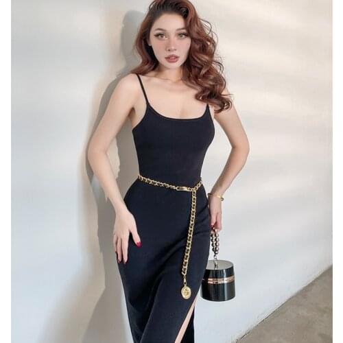 Sexy Black Bodycon Side Slit Ribbed Knit Cami Dress Elegant Women Spaghetti Strap Party Midi Dress Sleeveless