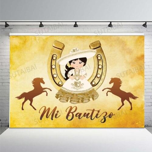 Retro Gold Mexican Baby Girl Mi Bautizo Baptism Party Horse Custom PhotoStudio Backdrop Background My First Communion Decoration