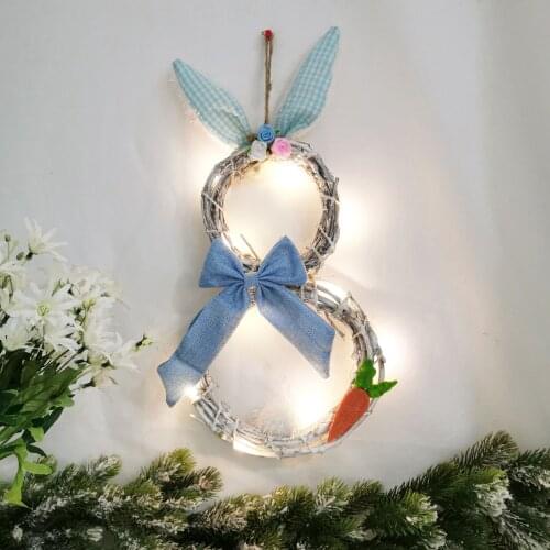 With Light Handmade Rattan Bunny Rabbit Garland Wreath Pendant Christmas Easter Door Hanging Garland Holiday Home Decorations