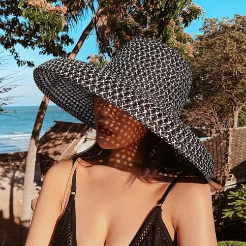 Retro Round Top Big Wide Brim 14CM Straw Hat Women Sun Hats Travel Holiday Visor Hats For Ladies Vintage Beach Hat Hepburn