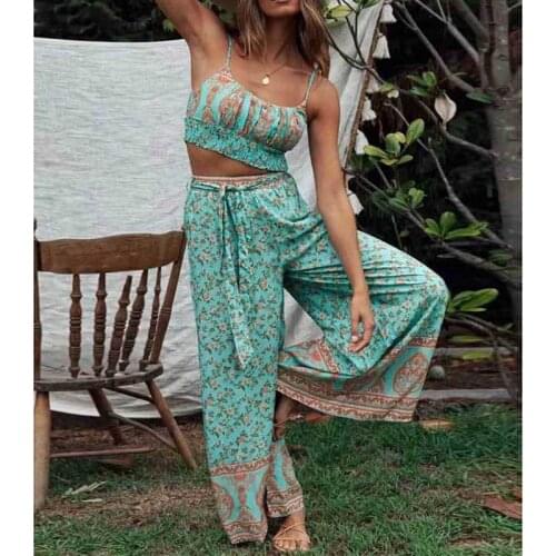 Super Chic Wide-leg pants and Crop Top suit beach Bohemia cotton Womens Summer Two Pieces Set Ladies Boho Floral Suits Casual
