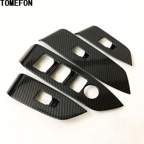 TOMEFON ABS Chrome Carbon Fiber Window Glass Switch Botton Interior Accessories Frame Trim 4PCS For Mazda CX-5 CX5 2017 2018 LHD
