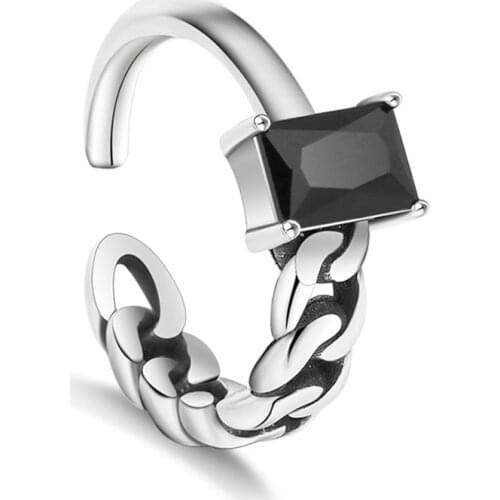 925 Sterling Silver Jewelry Open Black Crystal Retro Asymmetry Rings For Party Women Gift Adjustable Ring Anillos Bague VRS2219